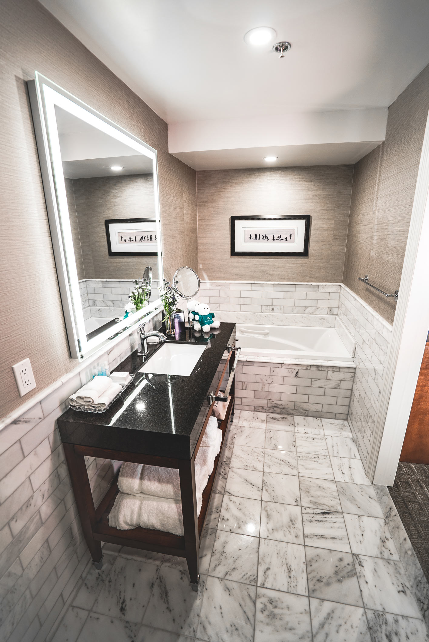 A bathroom inside the Lord Elgin Hotel. The silver sink is surrounded by black countertop with white tile rising from the floor to the bottom half of the walls. Next to the sink, a white bathtub is carved into the room.