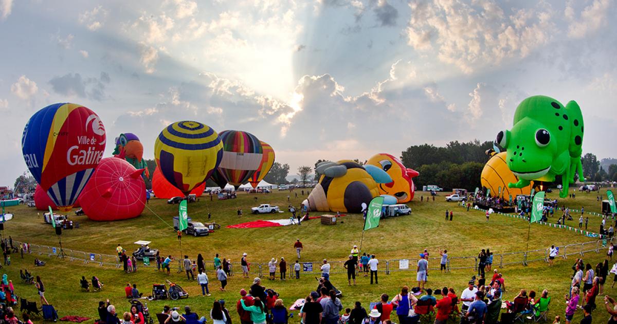 Hot air balloons being blown up in a large field as people watch. There is a large green flog balloon floating above the grond.