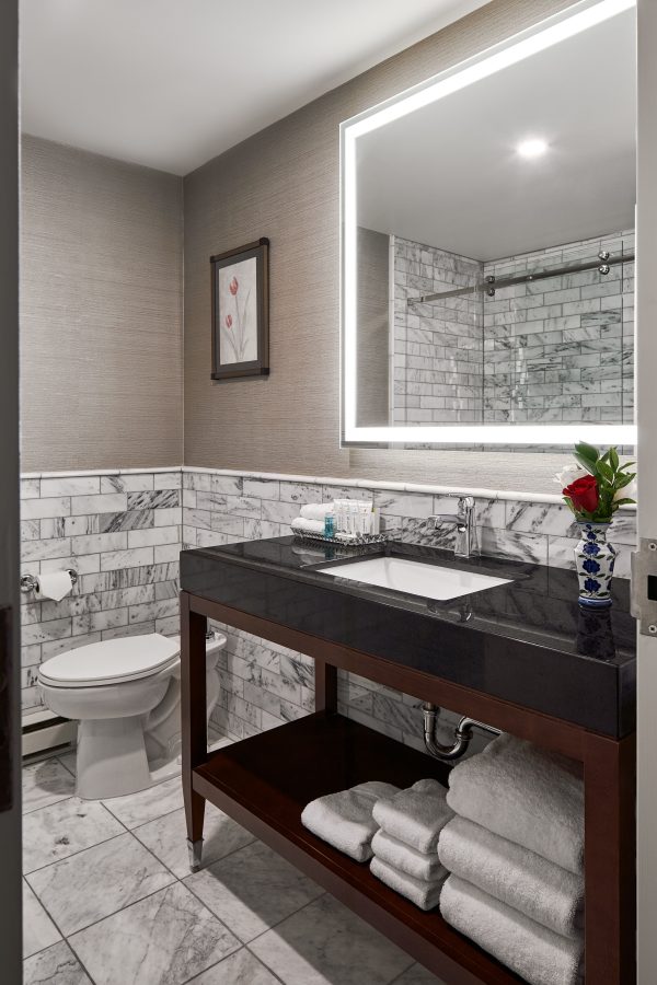 Lord Elgin Hotel Room washroom with marble accents