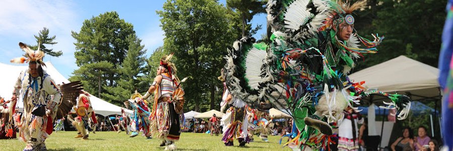 A performance at Ottawa's Summer Solstice Festival. A crowd of people surround an Indigenous man dancing.